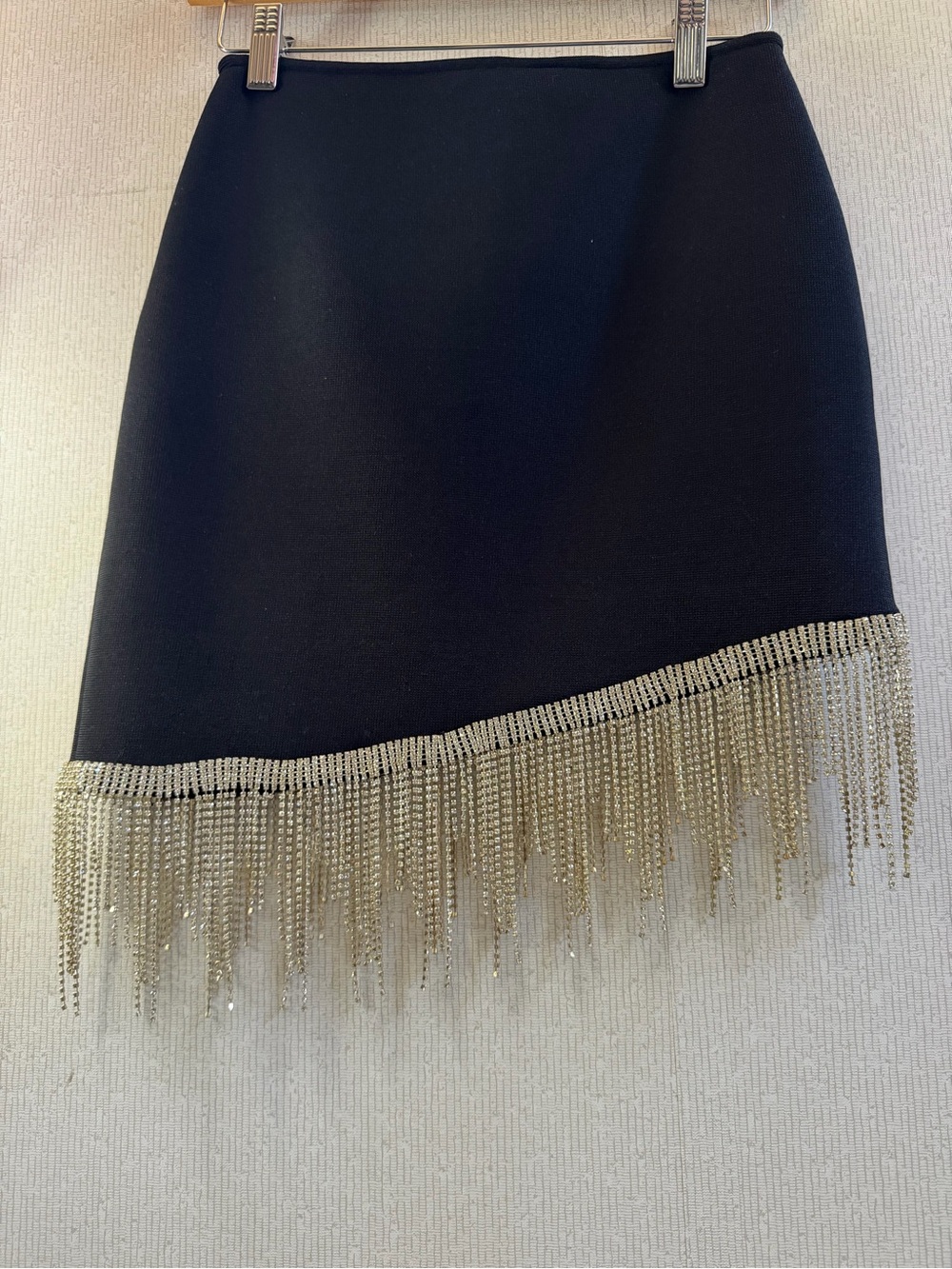 Akira Black Bandage Mini Skirt Silver Rhinestone Fringe Asymmetrical Hem Size M